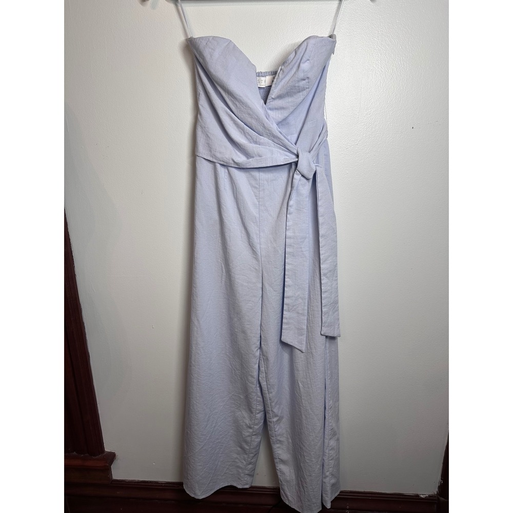 ASTR the Label Strapless Wrap Front Wide Leg Jumpsuit Light Blue XS Smocked Back